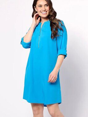 Belle by Kim Gravel Blue Tunic Dress XLP 1/4 Zip Neckline Roll Tab Sleeves NWOT